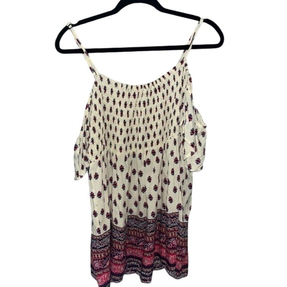 Off Shoulder Top Smocked Short Sleeve White Pink Paisley Print Boho Plus Size 2x - Picture 2 of 4